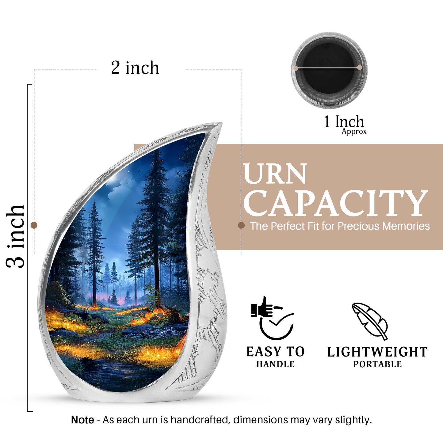 Icy Blue Halloween Cremation Urn angled view of lid and engraved motif - rounded teardrop halloween design with delicate detail - mini keepsake memorial for portion of cremation ashes