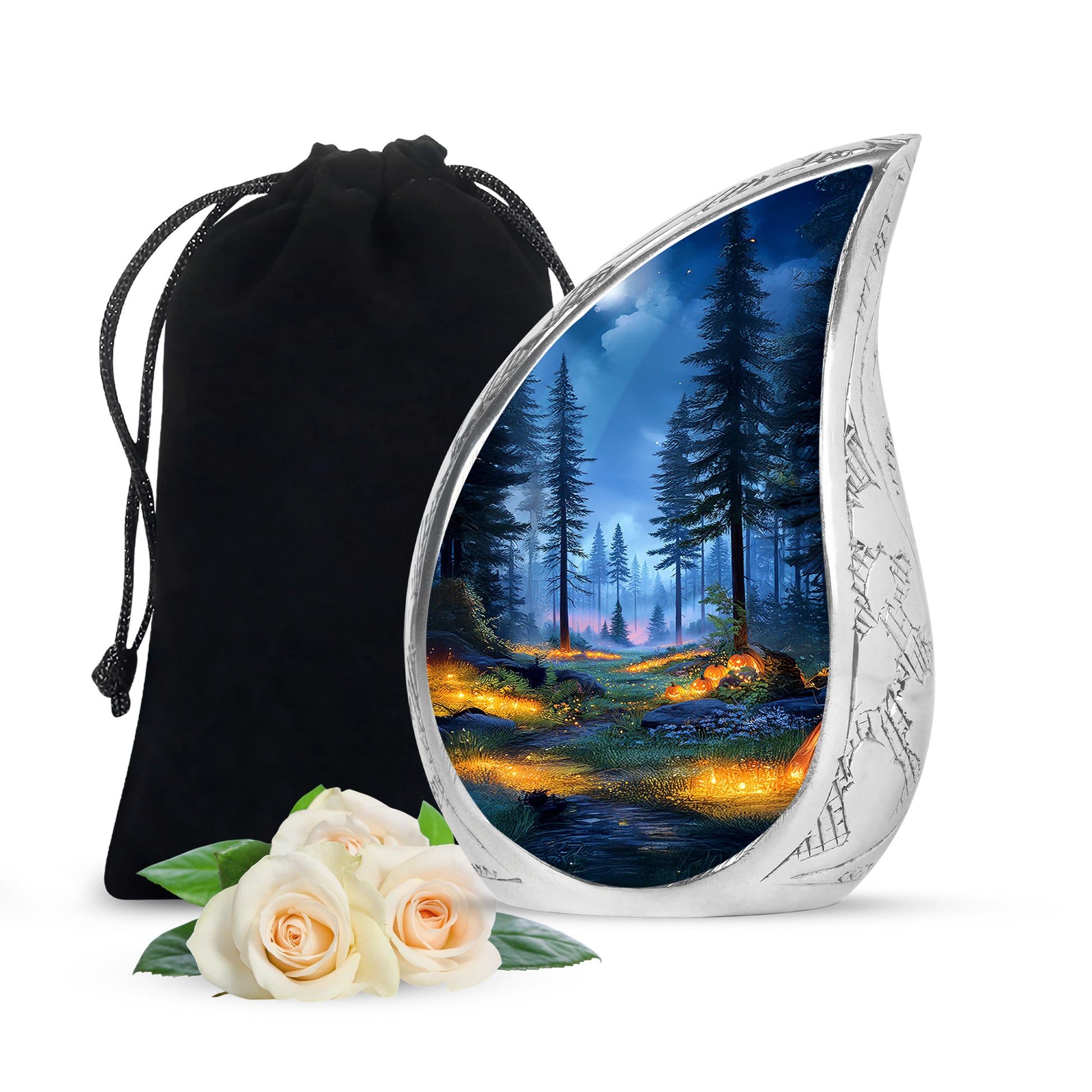 Sapphire Blue Halloween Cremation Urn front view showing detailed design - graceful tear-shaped urn with halloween motif - full-size 10 inch 200 cubic inch adult cremation urn
