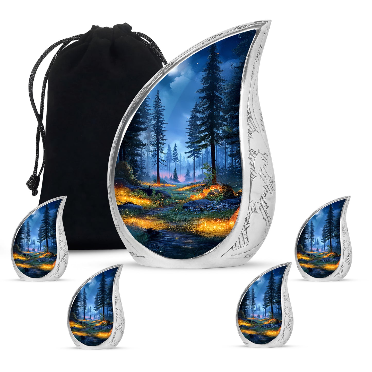 Serene Blue Halloween Cremation Urn side profile showing urn shape - graceful tear-shaped urn with halloween motif - memorial set with one large and four small urns