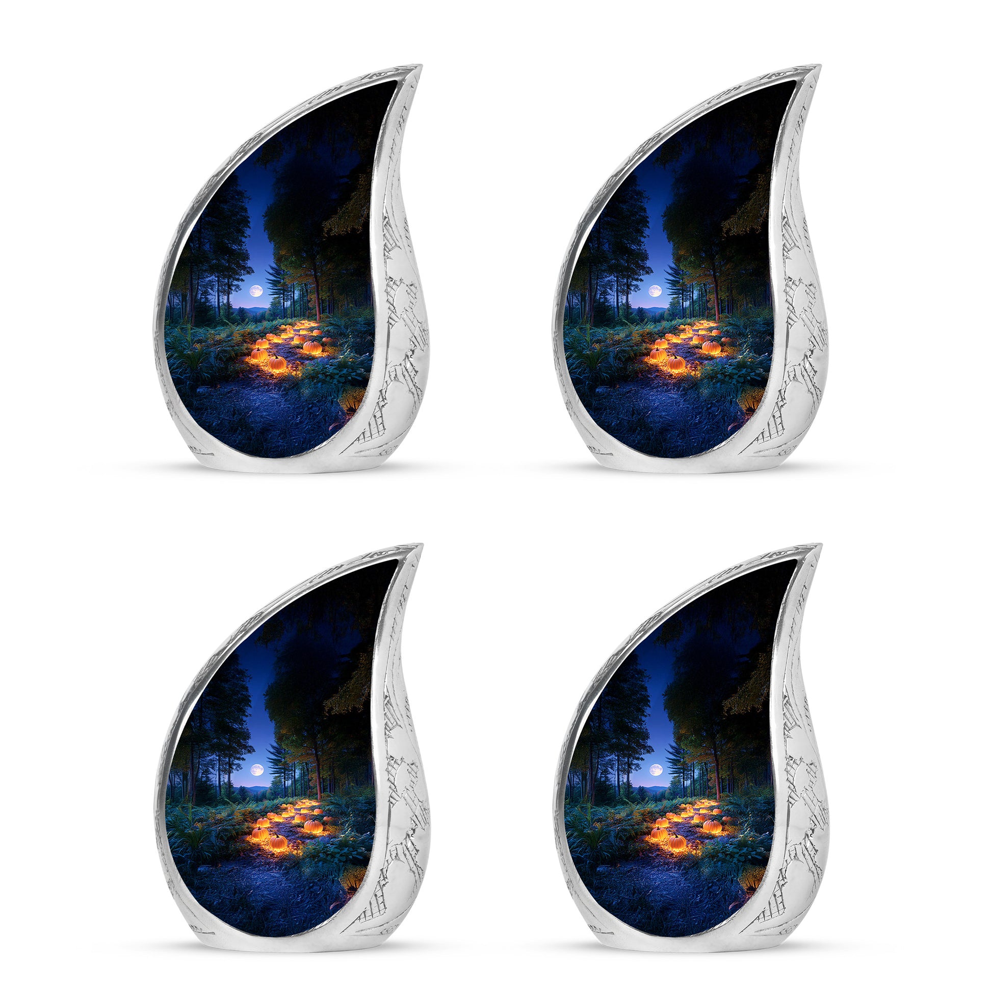 Bright Blue Halloween Cremation Urn close-up of engraving and surface detail - graceful tear-shaped urn with halloween motif - 10 inch aluminum urn for cremated remains
