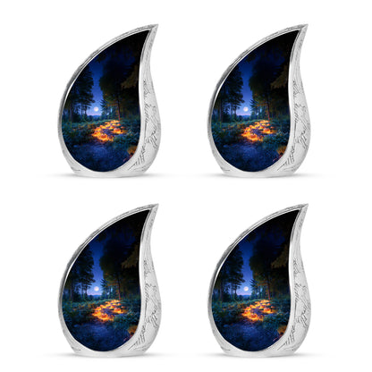 Bright Blue Halloween Cremation Urn close-up of engraving and surface detail - graceful tear-shaped urn with halloween motif - 10 inch aluminum urn for cremated remains