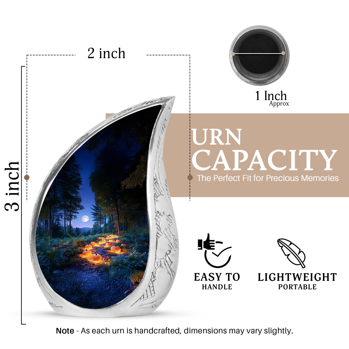 Cobalt Blue Halloween Cremation Urn angled view of lid and engraved motif - graceful tear-shaped urn with halloween motif - mini keepsake memorial for portion of cremation ashes