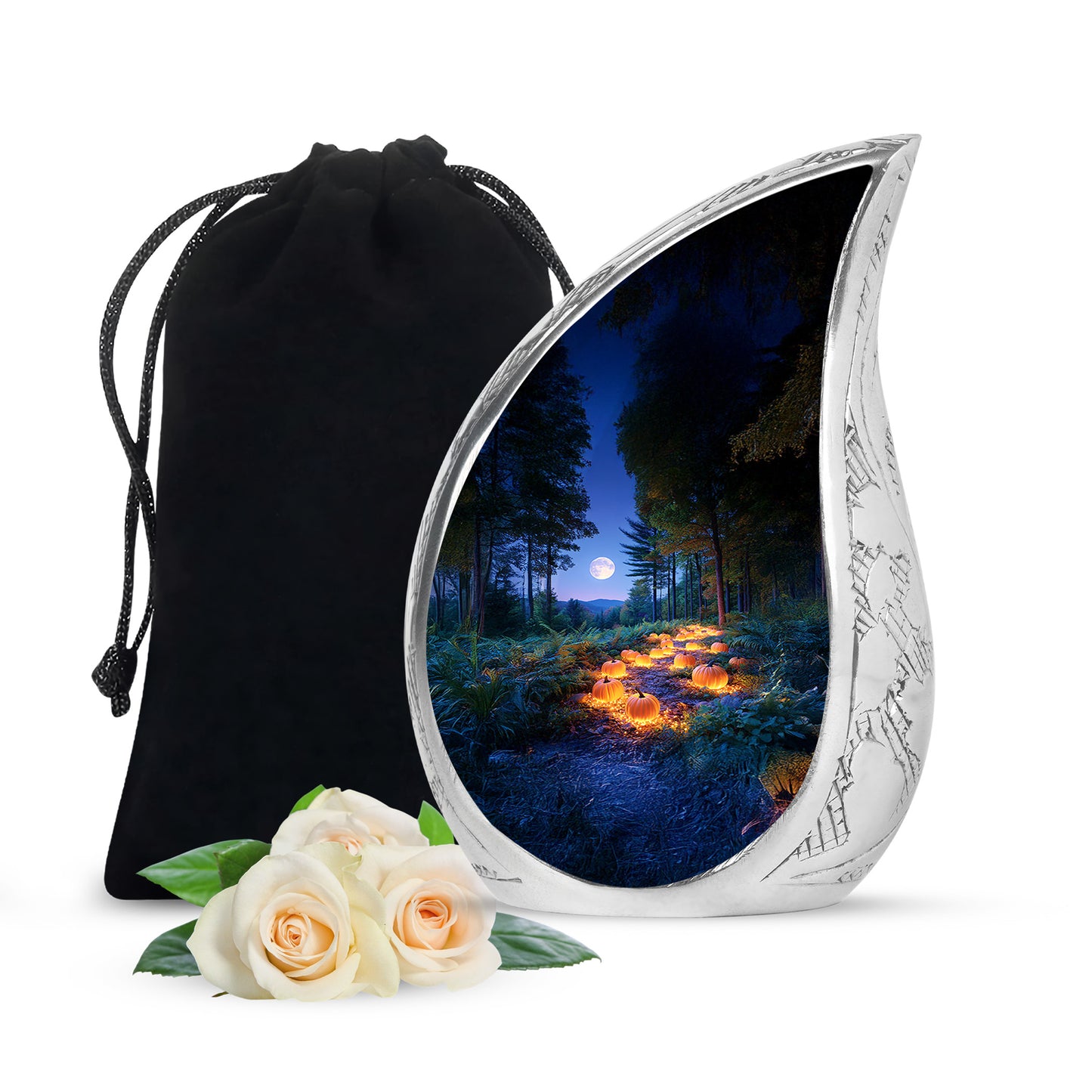 Sky Blue Halloween Cremation Urn front view showing detailed design - flowing teardrop halloween silhouette on curved aluminum - full-size 10 inch 200 cubic inch adult cremation urn