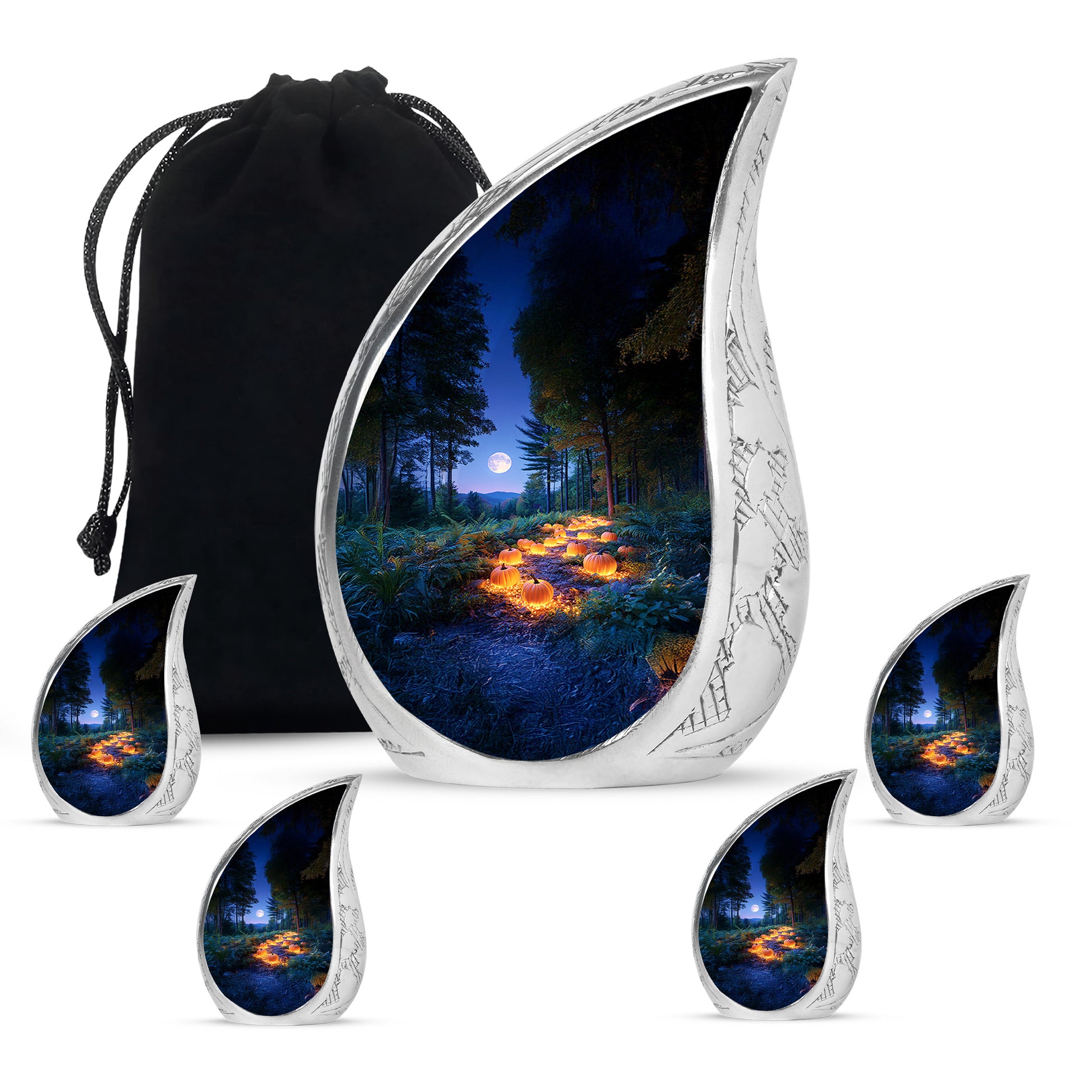 Sapphire Blue Halloween Cremation Urn side profile showing urn shape - smooth teardrop contour featuring halloween art - memorial set with one large and four small urns