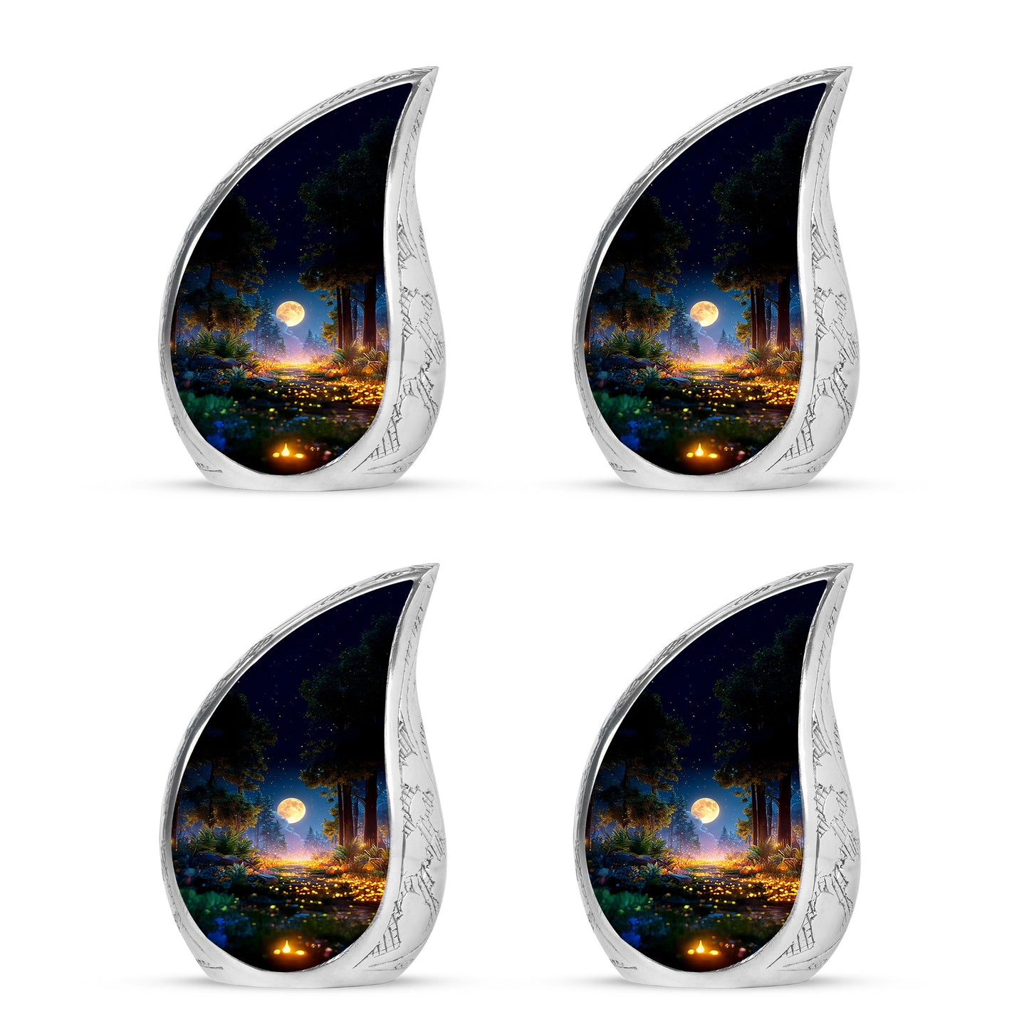 Dark Black Halloween Cremation Urn close-up of engraving and surface detail - smooth teardrop contour featuring halloween art - 10 inch aluminum urn for cremated remains
