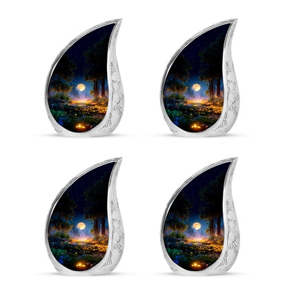 Dark Black Halloween Cremation Urn close-up of engraving and surface detail - smooth teardrop contour featuring halloween art - 10 inch aluminum urn for cremated remains