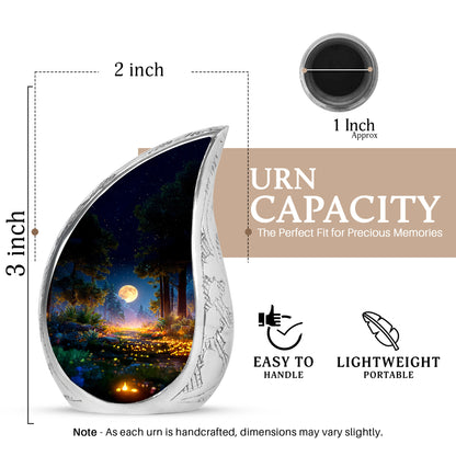 Obsidian Black Halloween Cremation Urn angled view of lid and engraved motif - smooth teardrop contour featuring halloween art - mini keepsake memorial for portion of cremation ashes