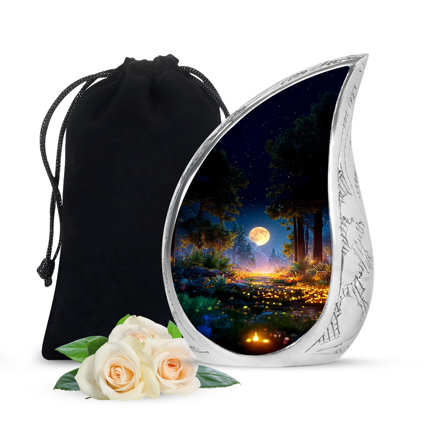 Midnight Black Halloween Cremation Urn front view showing detailed design - smooth teardrop contour featuring halloween art - full-size 10 inch 200 cubic inch adult cremation urn