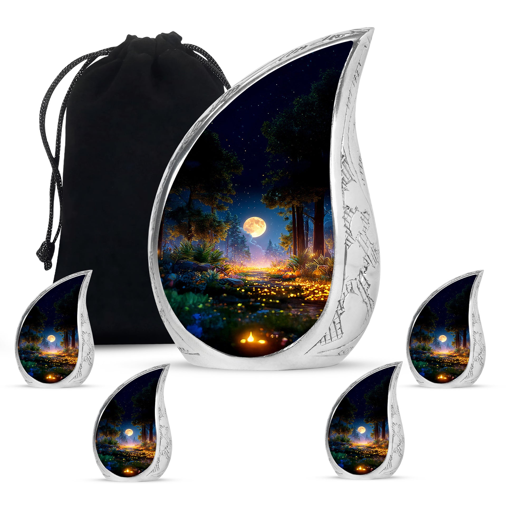 Rich Black Halloween Cremation Urn side profile showing urn shape - rounded teardrop halloween design with delicate detail - memorial set with one large and four small urns