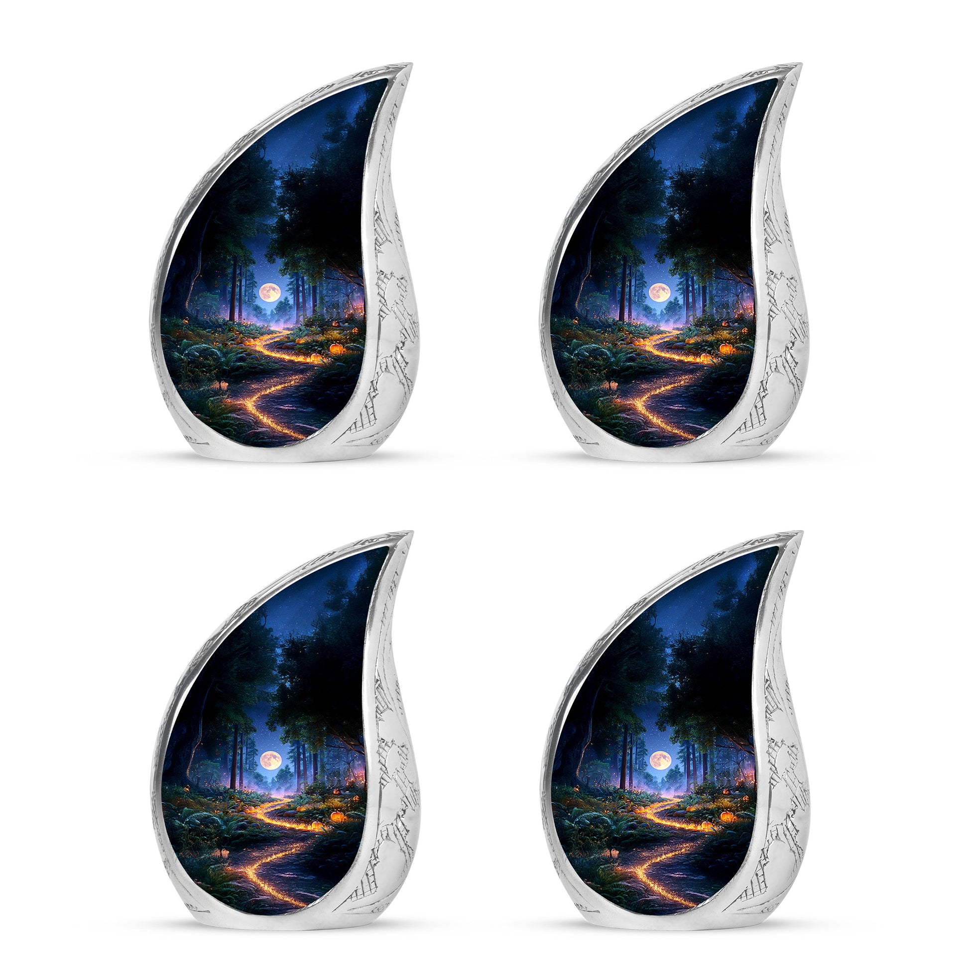 Sapphire Blue Halloween Cremation Urn close-up of engraving and surface detail - smooth teardrop contour featuring halloween art - 10 inch aluminum urn for cremated remains