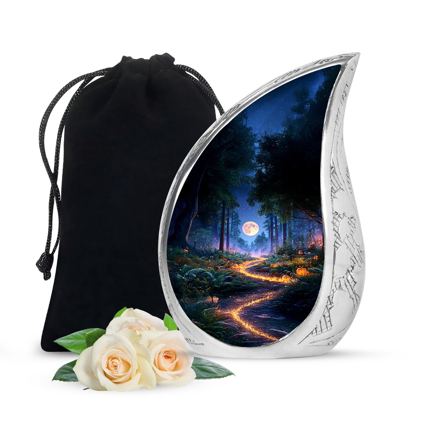 Indigo Halloween Cremation Urn front view showing detailed design - rounded teardrop halloween design with delicate detail - full-size 10 inch 200 cubic inch adult cremation urn
