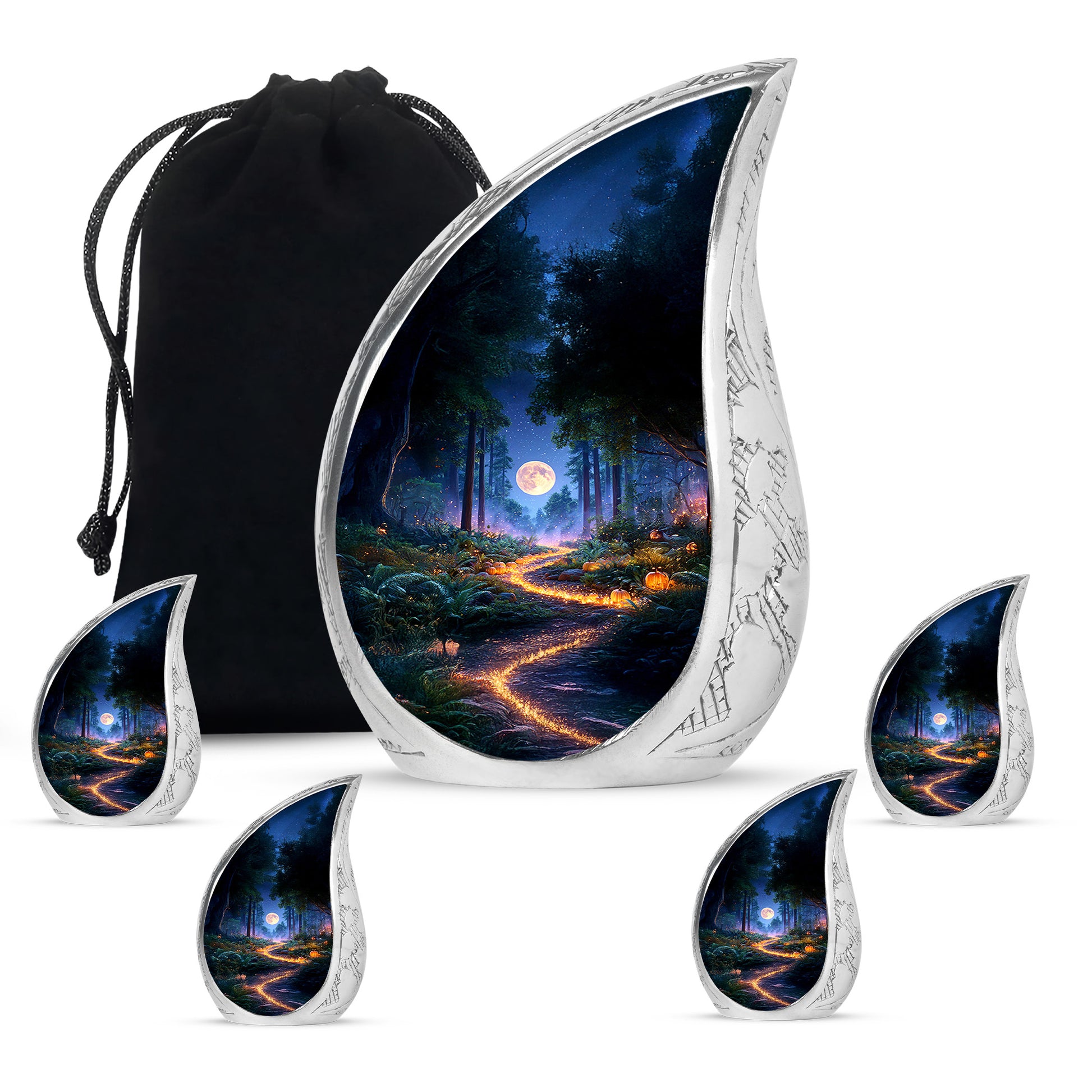 Cornflower Blue Halloween Cremation Urn side profile showing urn shape - smooth teardrop contour featuring halloween art - memorial set with one large and four small urns