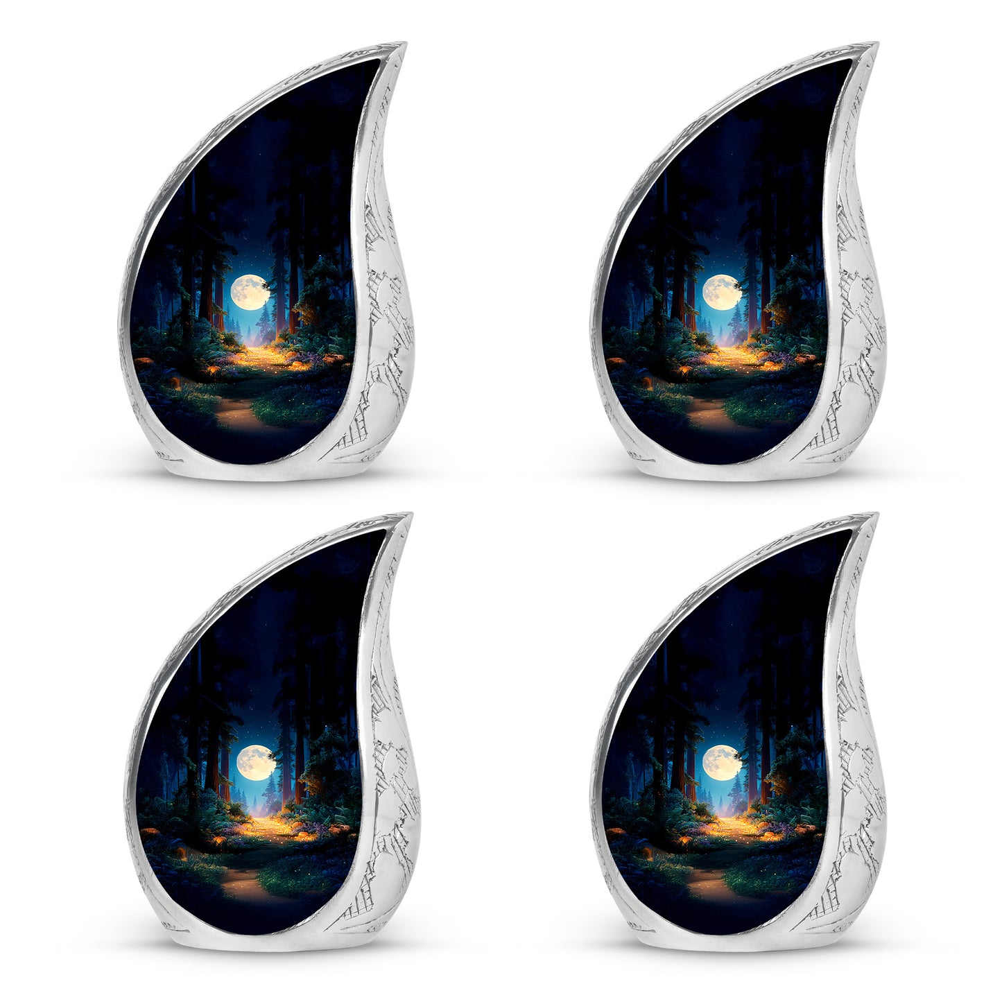 Serene Blue Halloween Cremation Urn close-up of engraving and surface detail - smooth teardrop contour featuring halloween art - 10 inch aluminum urn for cremated remains