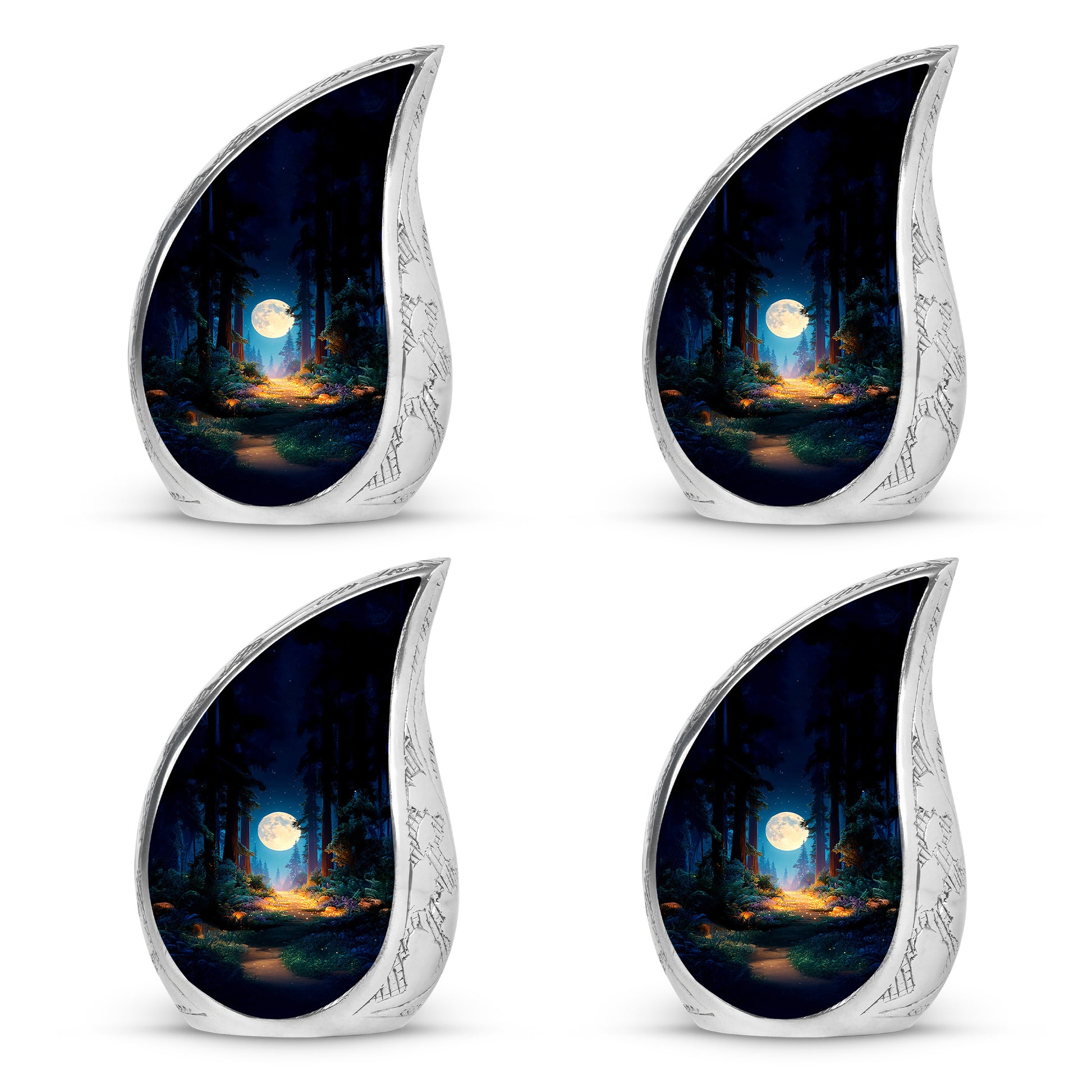 Serene Blue Halloween Cremation Urn close-up of engraving and surface detail - smooth teardrop contour featuring halloween art - 10 inch aluminum urn for cremated remains