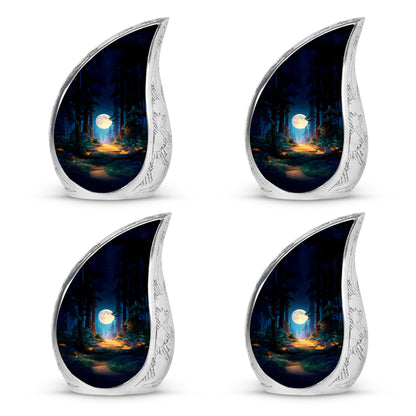 Serene Blue Halloween Cremation Urn close-up of engraving and surface detail - smooth teardrop contour featuring halloween art - 10 inch aluminum urn for cremated remains