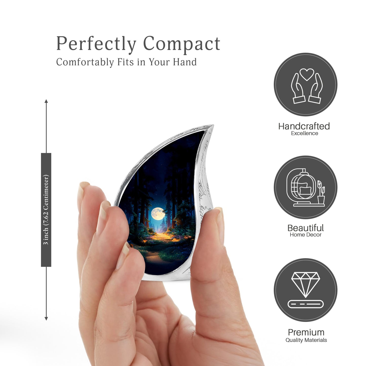 Sky Blue Halloween Cremation Urn angled view of lid and engraved motif - rounded teardrop halloween design with delicate detail - mini keepsake memorial for portion of cremation ashes