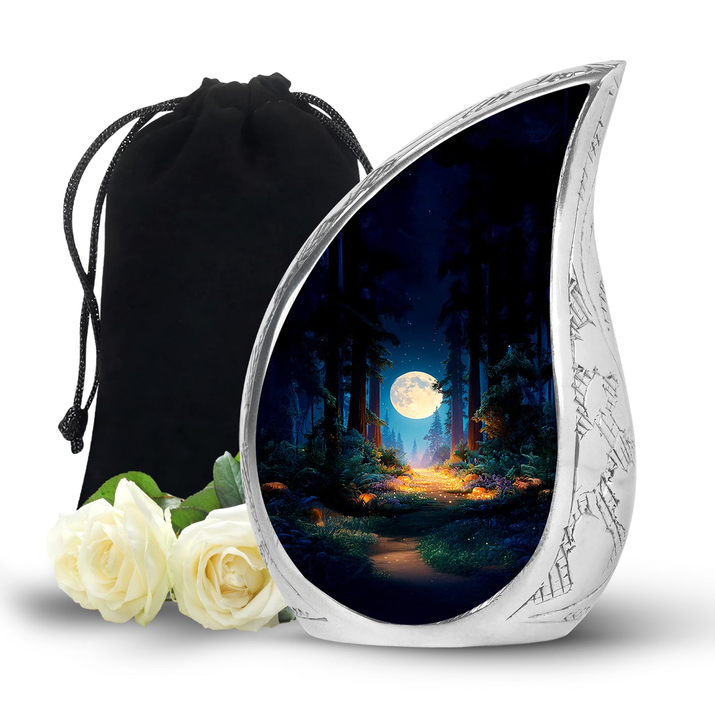 Misty Blue Halloween Cremation Urn front view showing detailed design - rounded teardrop halloween design with delicate detail - full-size 10 inch 200 cubic inch adult cremation urn