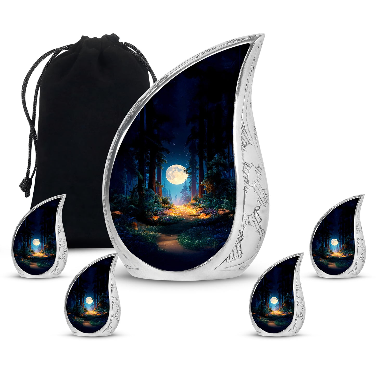 Royal Blue Halloween Cremation Urn side profile showing urn shape - graceful tear-shaped urn with halloween motif - memorial set with one large and four small urns