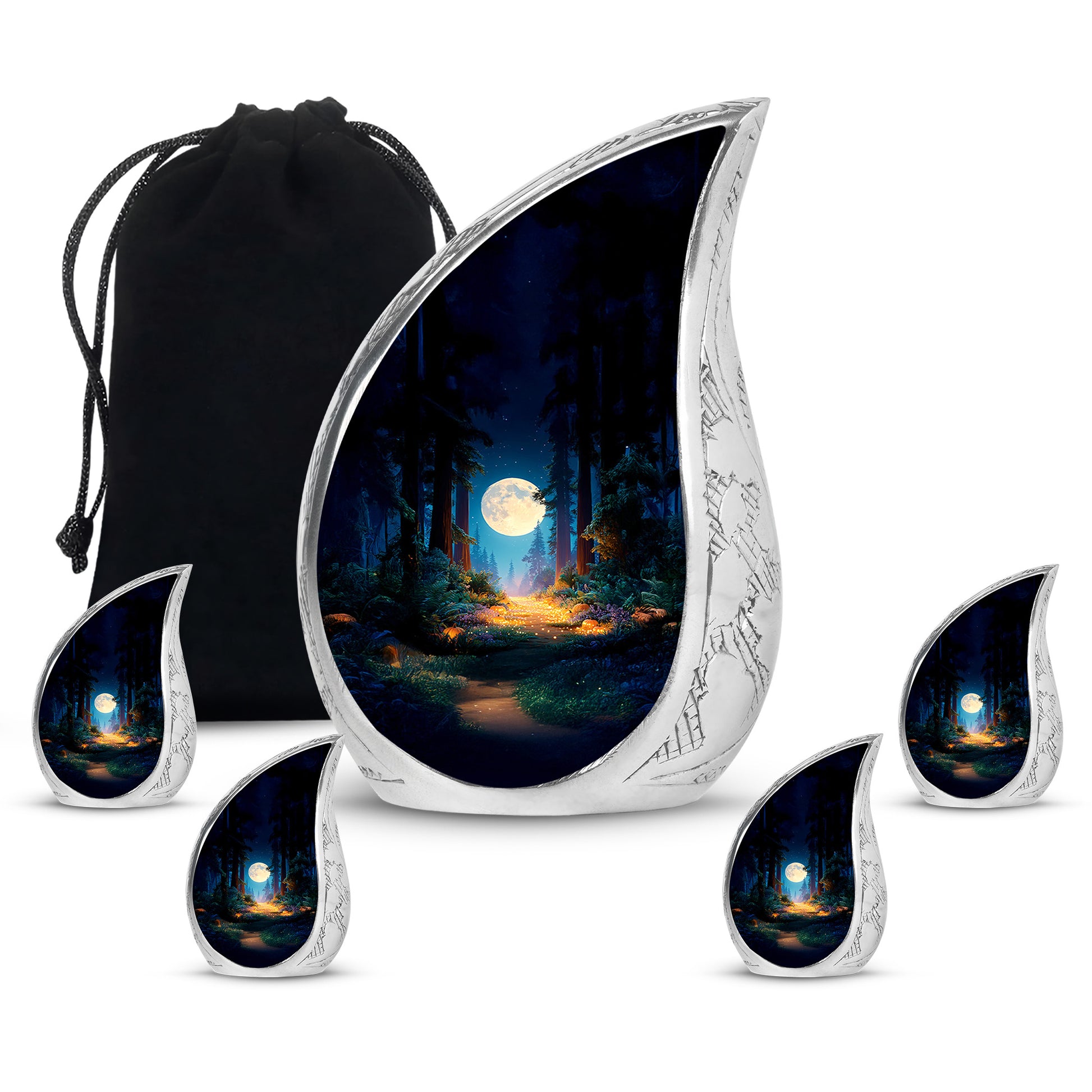 Royal Blue Halloween Cremation Urn side profile showing urn shape - graceful tear-shaped urn with halloween motif - memorial set with one large and four small urns