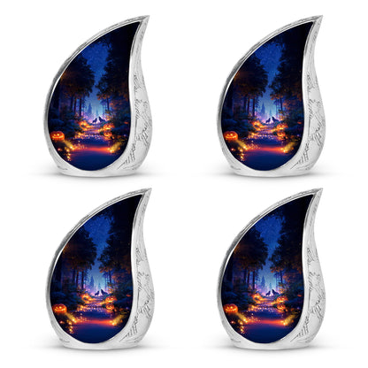 Soft Blue Halloween Cremation Urn close-up of engraving and surface detail - graceful tear-shaped urn with halloween motif - 10 inch aluminum urn for cremated remains