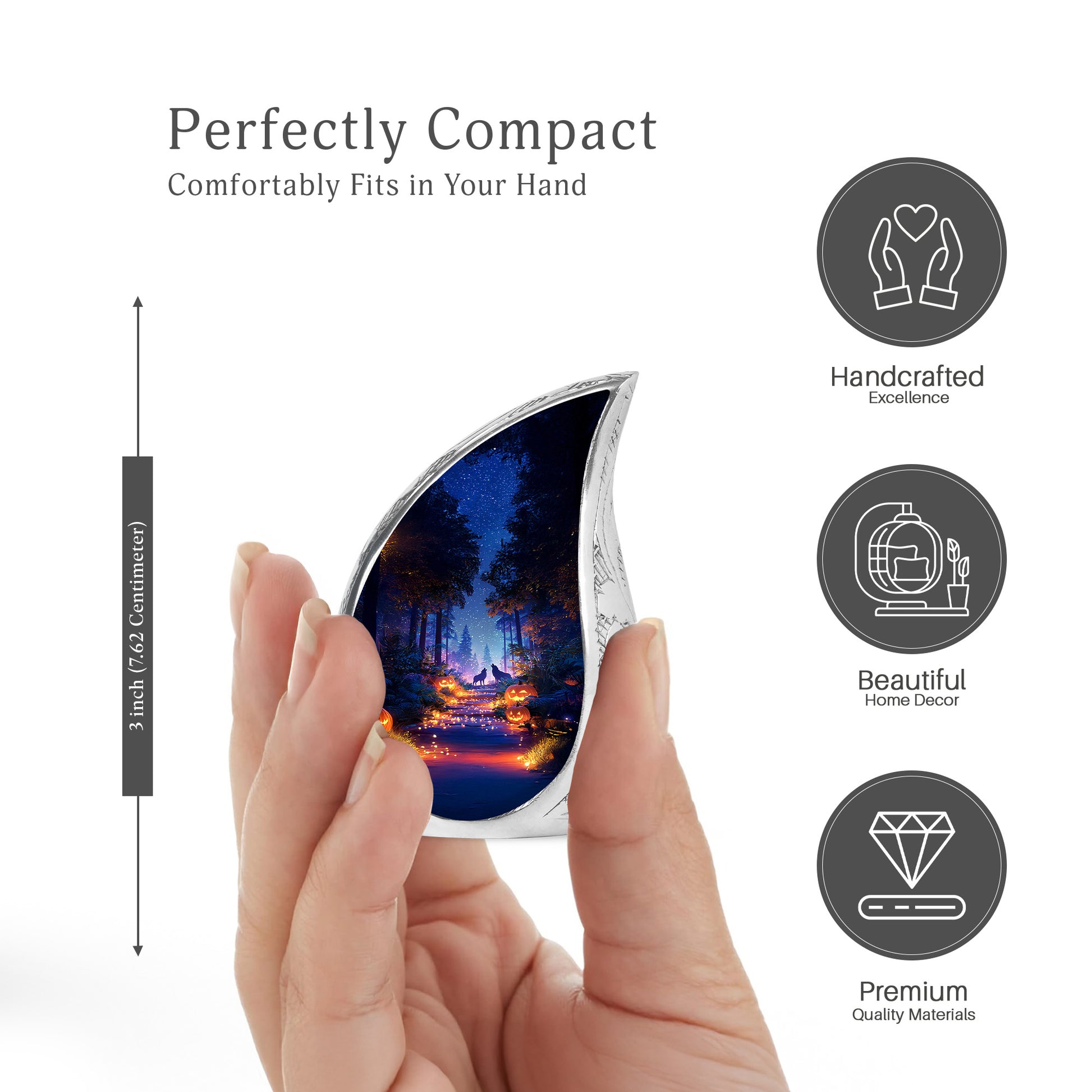 Azure Halloween Cremation Urn angled view of lid and engraved motif - flowing teardrop halloween silhouette on curved aluminum - mini keepsake memorial for portion of cremation ashes