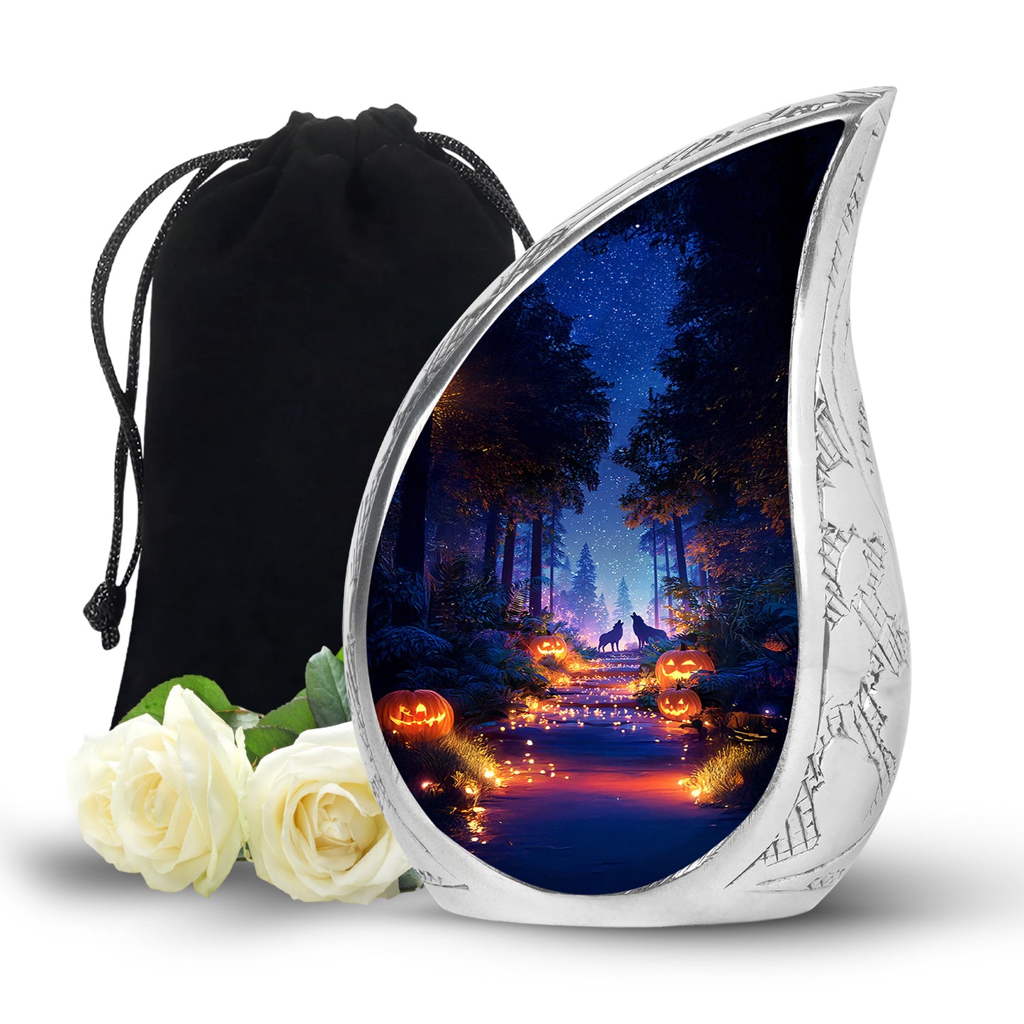 Twilight Blue Halloween Cremation Urn front view showing detailed design - smooth teardrop contour featuring halloween art - full-size 10 inch 200 cubic inch adult cremation urn