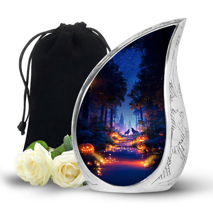 Twilight Blue Halloween Cremation Urn front view showing detailed design - smooth teardrop contour featuring halloween art - full-size 10 inch 200 cubic inch adult cremation urn