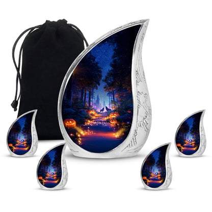 Indigo Halloween Cremation Urn side profile showing urn shape - rounded teardrop halloween design with delicate detail - memorial set with one large and four small urns