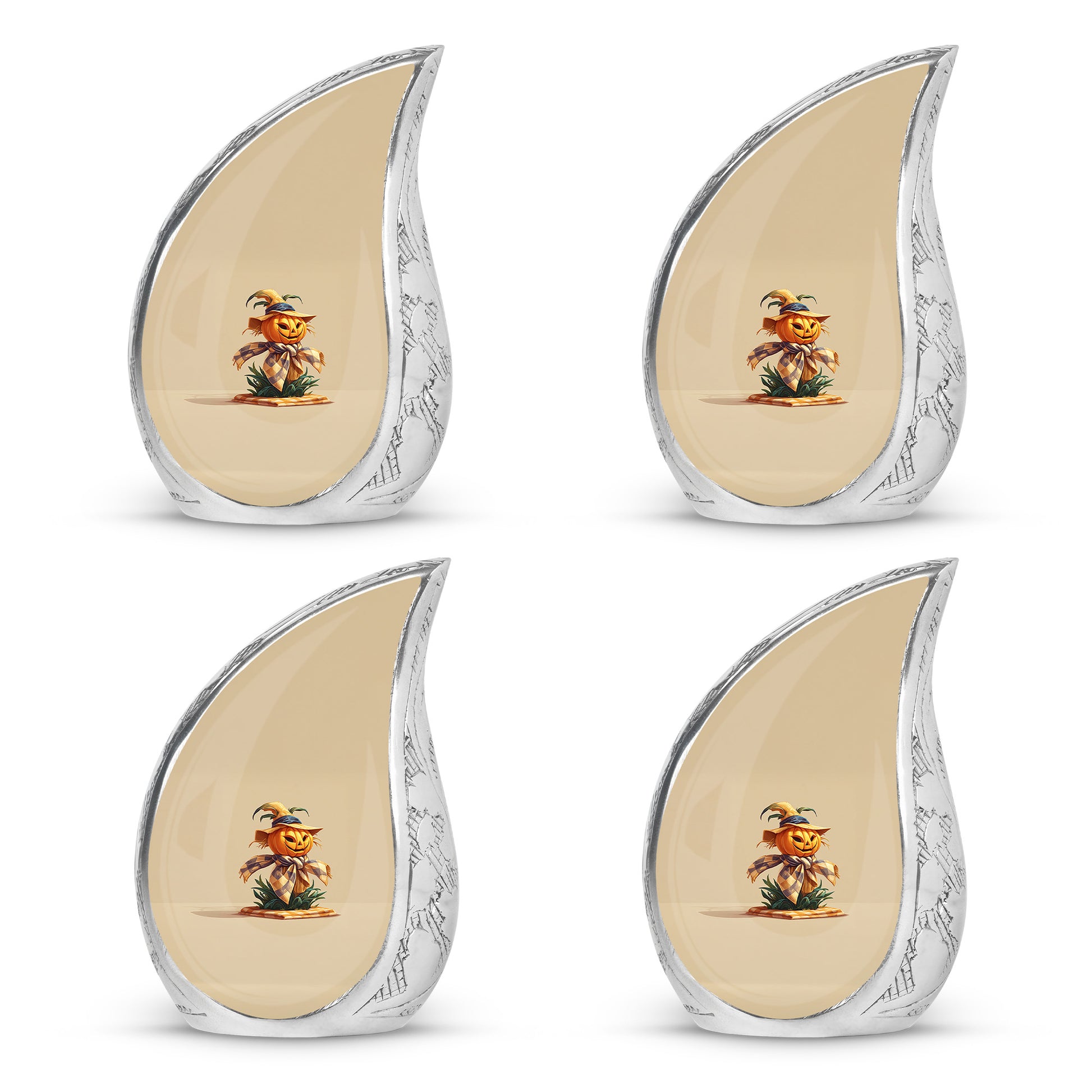 Burnished Gold Halloween Cremation Urn close-up of engraving and surface detail - smooth teardrop contour featuring halloween art - 10 inch aluminum urn for cremated remains