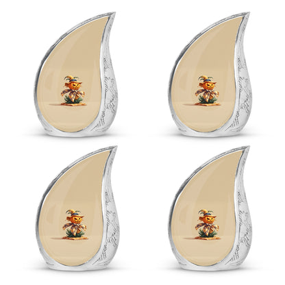 Burnished Gold Halloween Cremation Urn close-up of engraving and surface detail - smooth teardrop contour featuring halloween art - 10 inch aluminum urn for cremated remains
