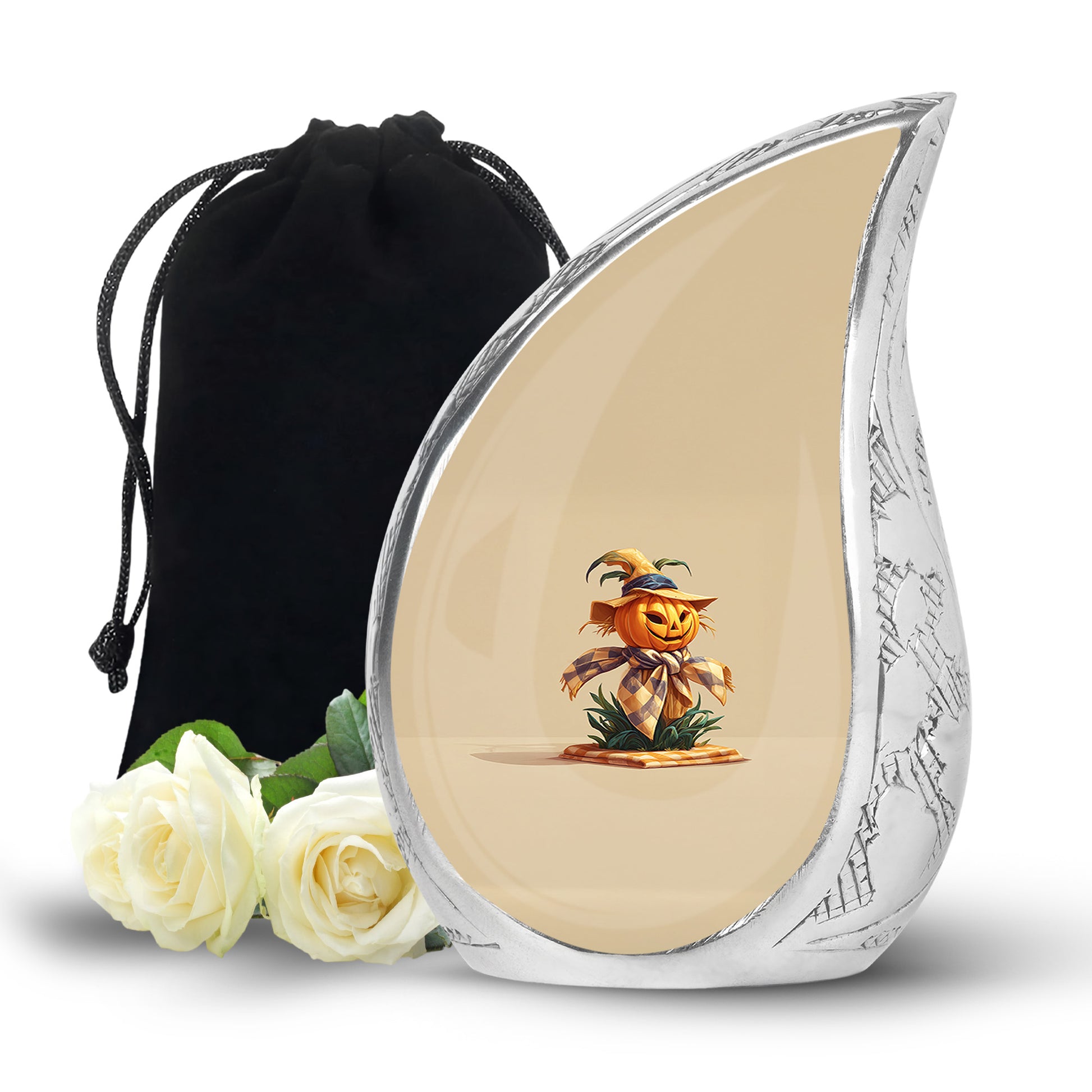 Burnished Gold Halloween Cremation Urn front view showing detailed design - smooth teardrop contour featuring halloween art - full-size 10 inch 200 cubic inch adult cremation urn