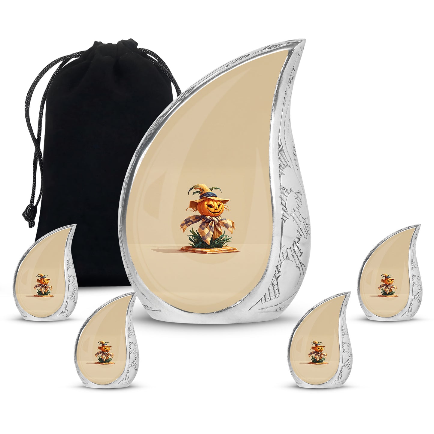 Gilded Gold Halloween Cremation Urn side profile showing urn shape - flowing teardrop halloween silhouette on curved aluminum - memorial set with one large and four small urns