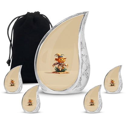 Gilded Gold Halloween Cremation Urn side profile showing urn shape - flowing teardrop halloween silhouette on curved aluminum - memorial set with one large and four small urns