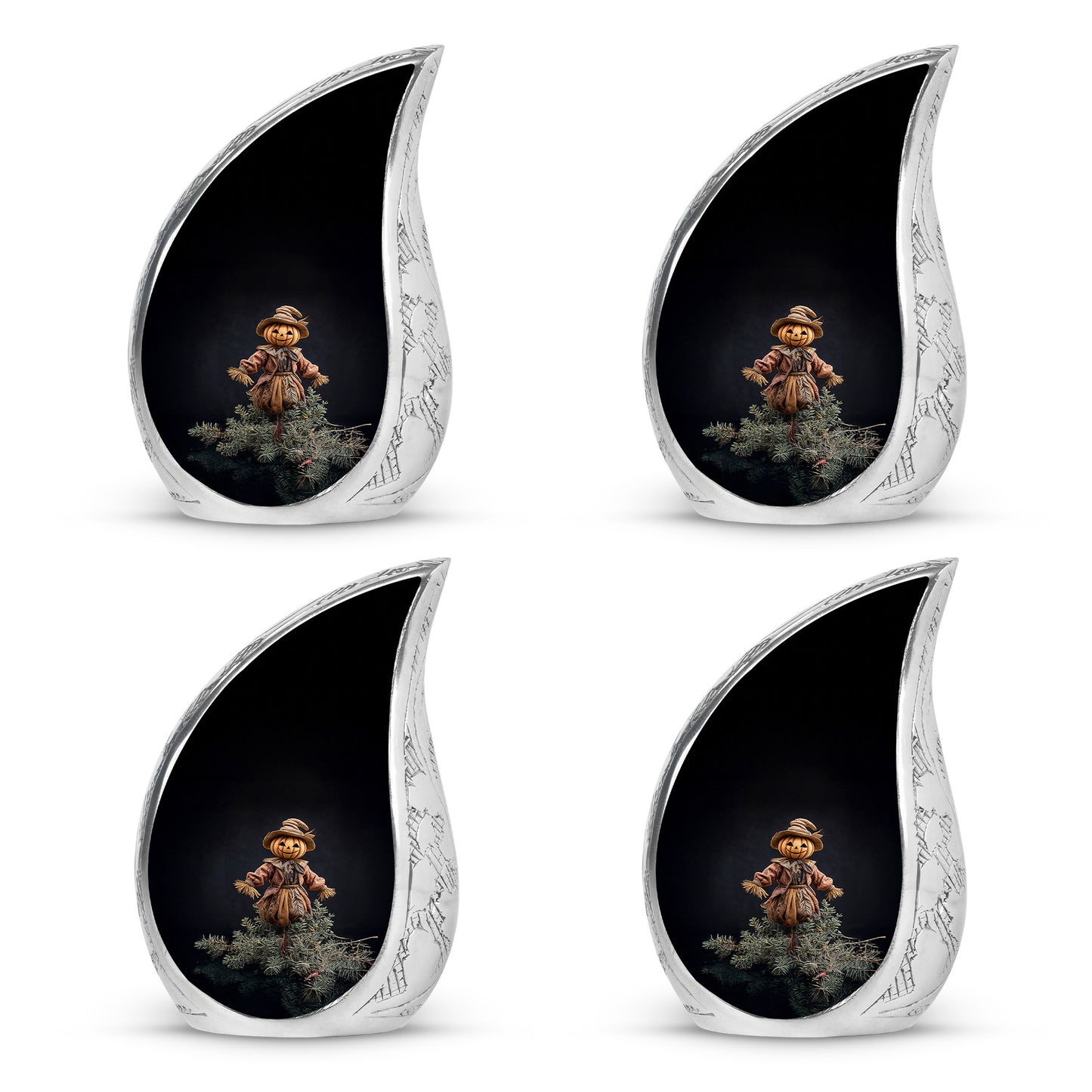 Onyx Black Halloween Cremation Urn close-up of engraving and surface detail - graceful tear-shaped urn with halloween motif - 10 inch aluminum urn for cremated remains
