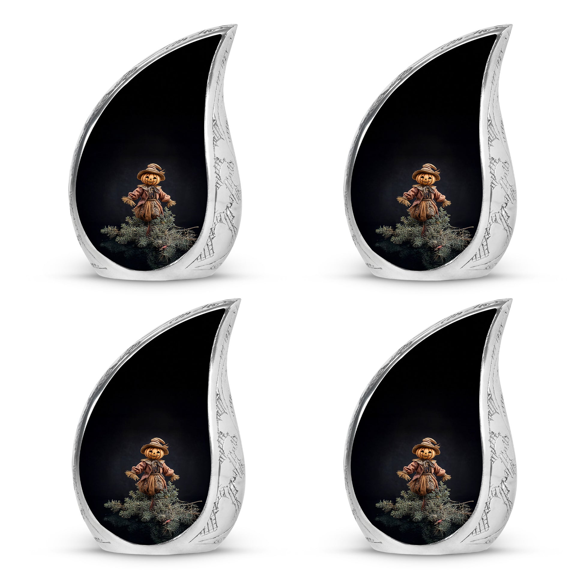 Onyx Black Halloween Cremation Urn close-up of engraving and surface detail - graceful tear-shaped urn with halloween motif - 10 inch aluminum urn for cremated remains