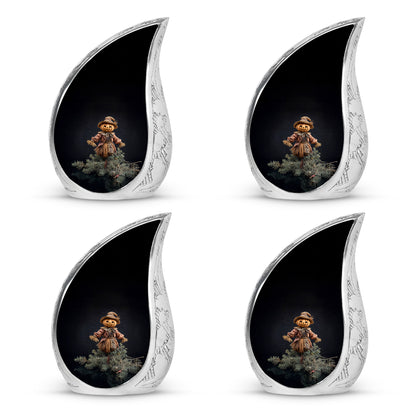 Onyx Black Halloween Cremation Urn close-up of engraving and surface detail - graceful tear-shaped urn with halloween motif - 10 inch aluminum urn for cremated remains