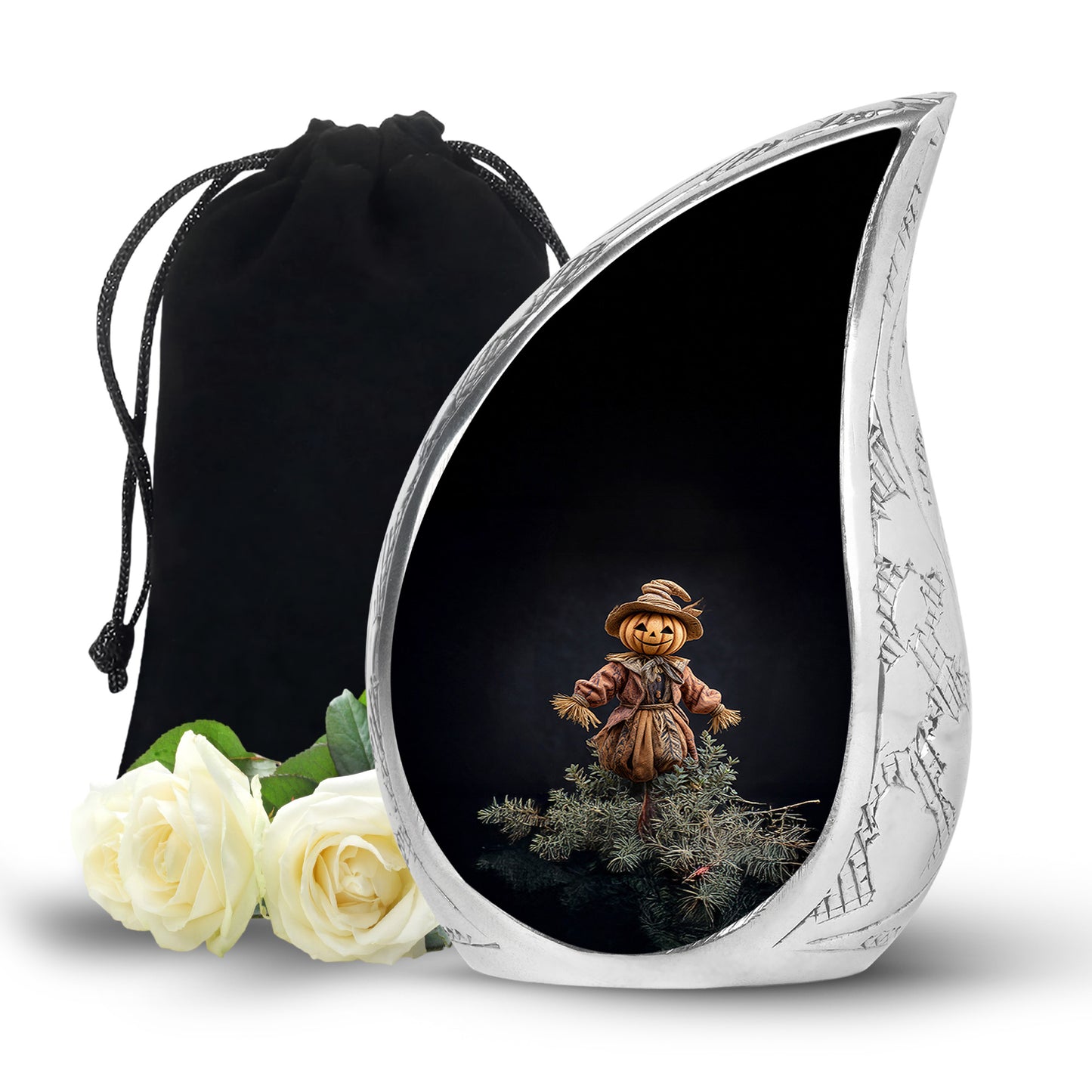 Charcoal Black Halloween Cremation Urn front view showing detailed design - graceful tear-shaped urn with halloween motif - full-size 10 inch 200 cubic inch adult cremation urn
