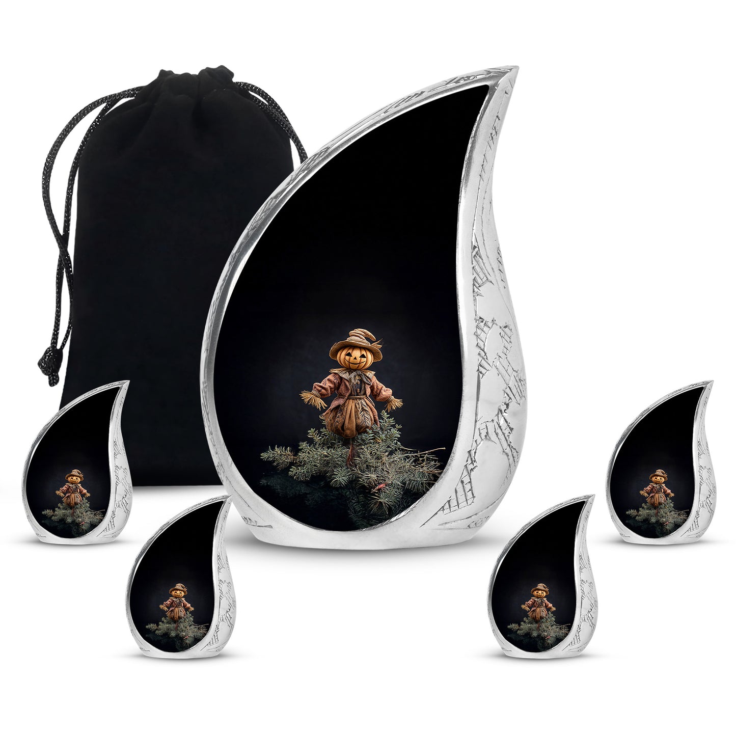 Obsidian Black Halloween Cremation Urn side profile showing urn shape - smooth teardrop contour featuring halloween art - memorial set with one large and four small urns