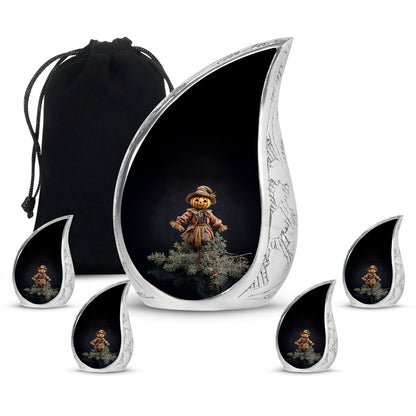 Obsidian Black Halloween Cremation Urn side profile showing urn shape - smooth teardrop contour featuring halloween art - memorial set with one large and four small urns