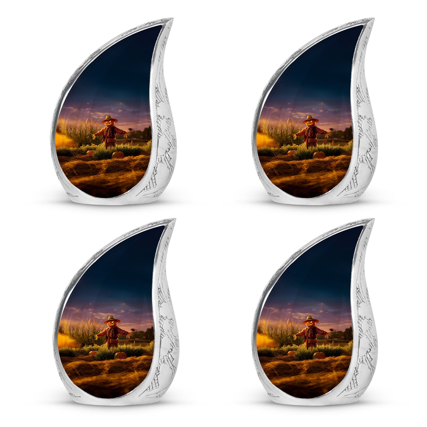 Plum Purple Halloween Cremation Urn close-up of engraving and surface detail - flowing teardrop halloween silhouette on curved aluminum - 10 inch aluminum urn for cremated remains
