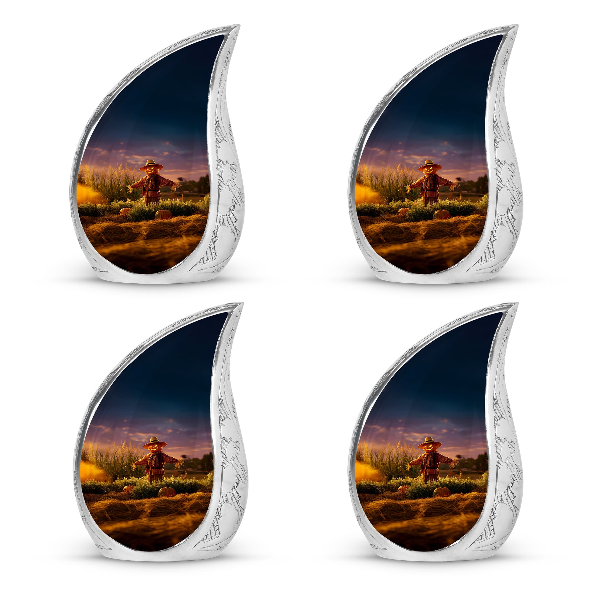 Plum Purple Halloween Cremation Urn close-up of engraving and surface detail - flowing teardrop halloween silhouette on curved aluminum - 10 inch aluminum urn for cremated remains