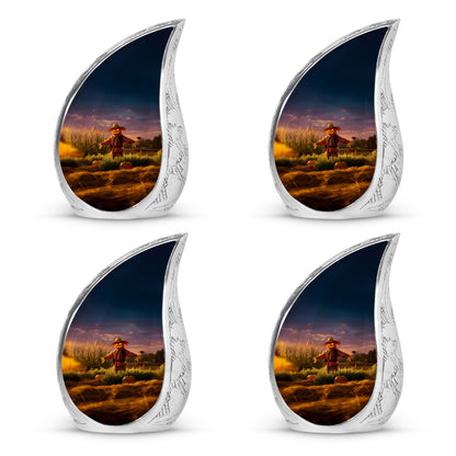 Plum Purple Halloween Cremation Urn close-up of engraving and surface detail - flowing teardrop halloween silhouette on curved aluminum - 10 inch aluminum urn for cremated remains