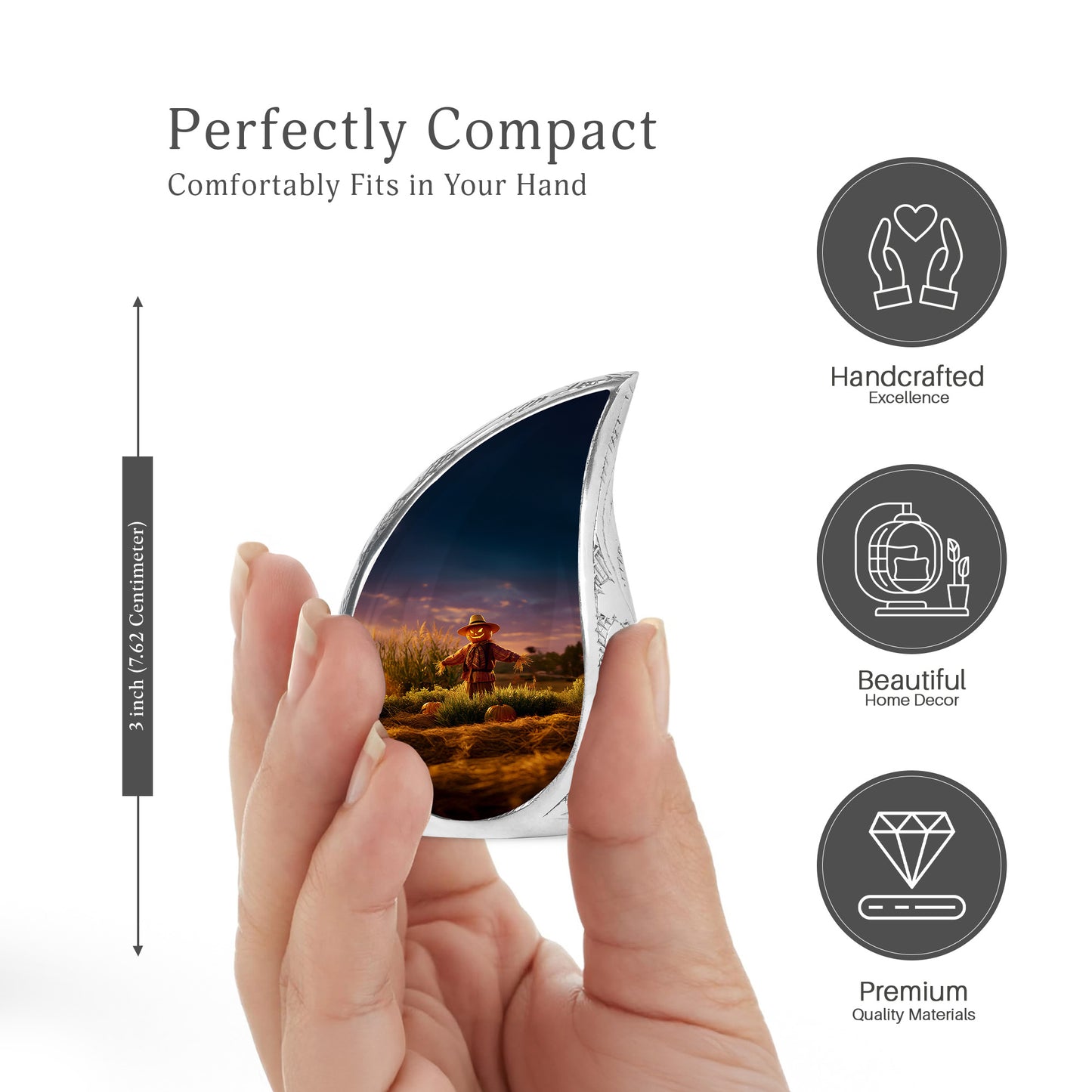 Amethyst Purple Halloween Cremation Urn angled view of lid and engraved motif - flowing teardrop halloween silhouette on curved aluminum - mini keepsake memorial for portion of cremation ashes
