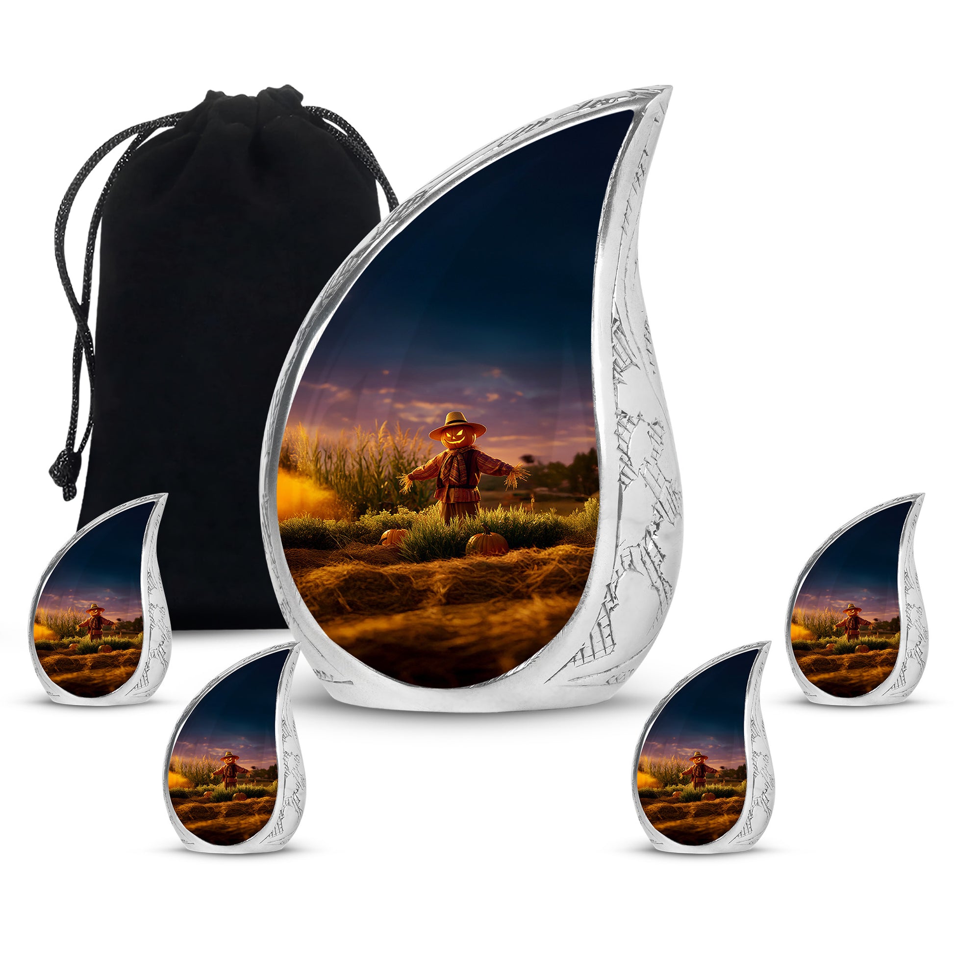 Twilight Purple Halloween Cremation Urn side profile showing urn shape - smooth teardrop contour featuring halloween art - memorial set with one large and four small urns