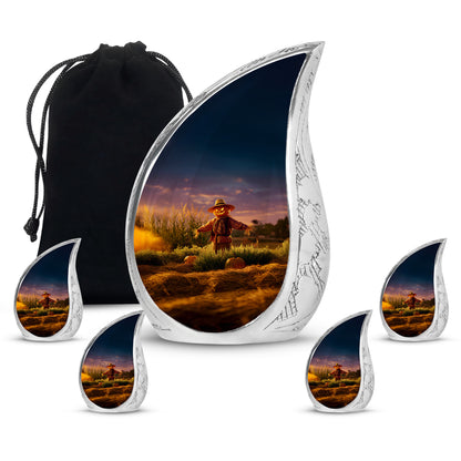 Twilight Purple Halloween Cremation Urn side profile showing urn shape - smooth teardrop contour featuring halloween art - memorial set with one large and four small urns