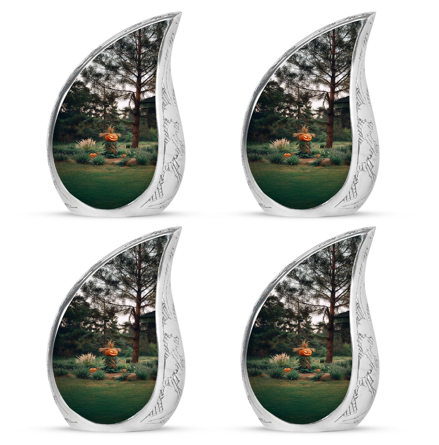 Midnight Black Halloween Cremation Urn close-up of engraving and surface detail - graceful tear-shaped urn with halloween motif - 10 inch aluminum urn for cremated remains
