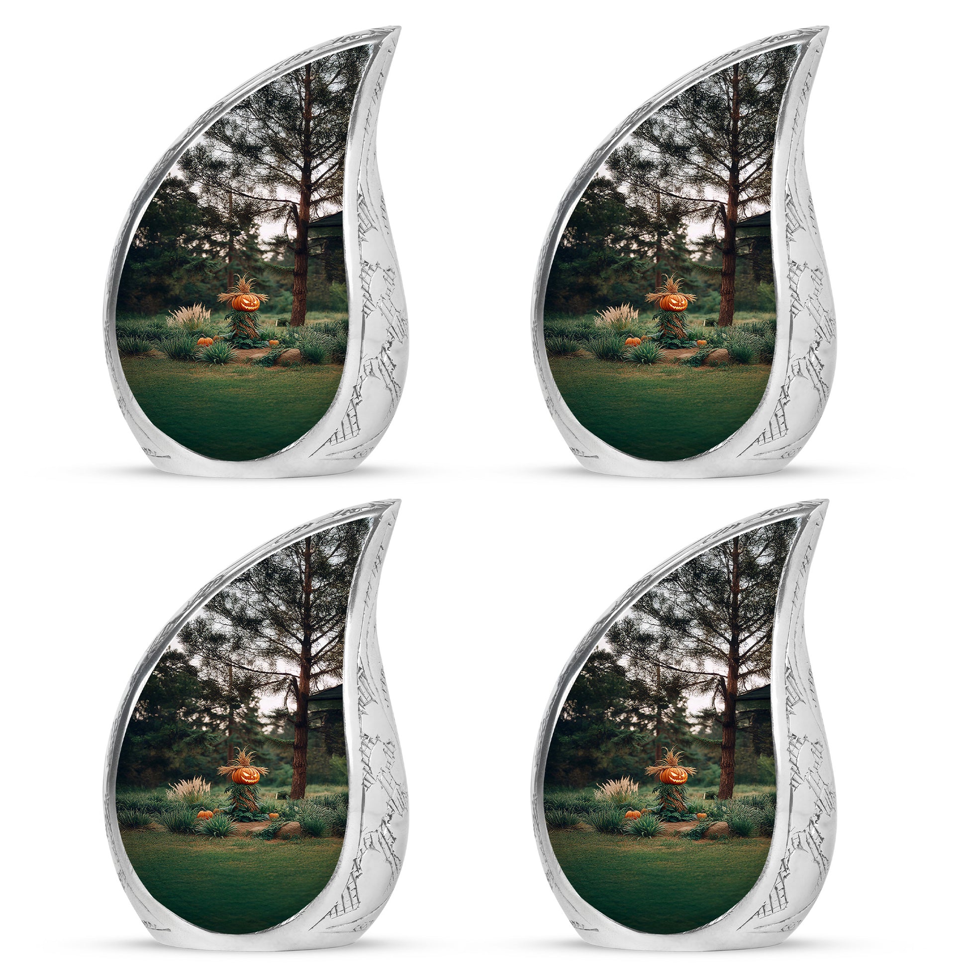 Midnight Black Halloween Cremation Urn close-up of engraving and surface detail - graceful tear-shaped urn with halloween motif - 10 inch aluminum urn for cremated remains
