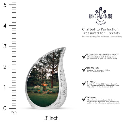 Rich Black Halloween Cremation Urn angled view of lid and engraved motif - rounded teardrop halloween design with delicate detail - mini keepsake memorial for portion of cremation ashes
