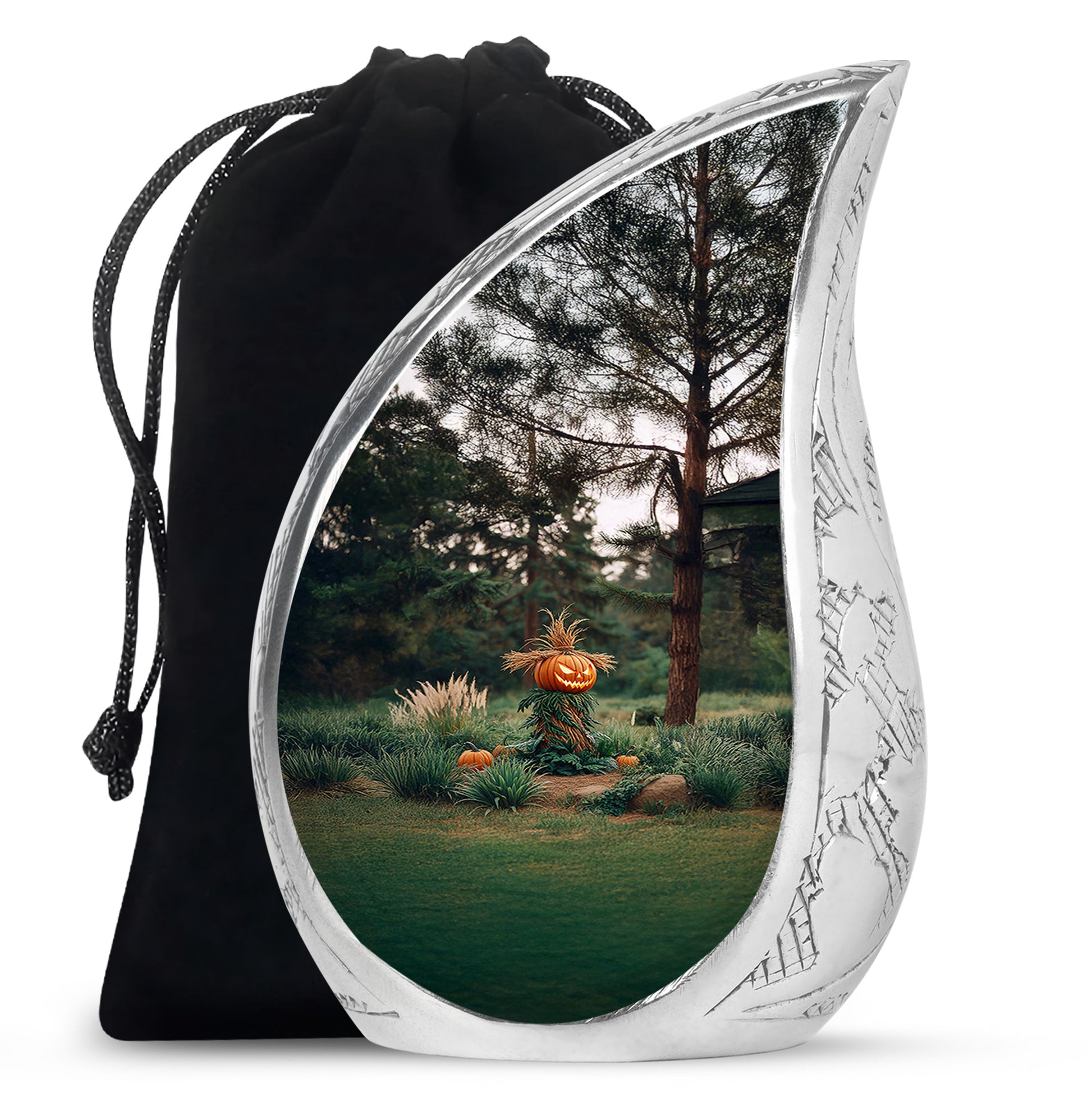 Dark Black Halloween Cremation Urn front view showing detailed design - smooth teardrop contour featuring halloween art - full-size 10 inch 200 cubic inch adult cremation urn