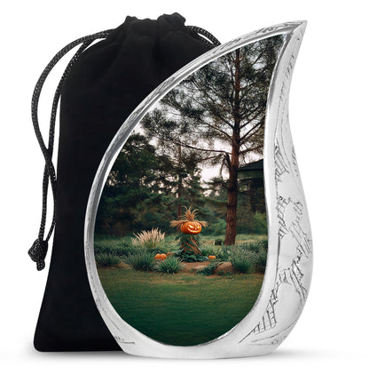 Dark Black Halloween Cremation Urn front view showing detailed design - smooth teardrop contour featuring halloween art - full-size 10 inch 200 cubic inch adult cremation urn